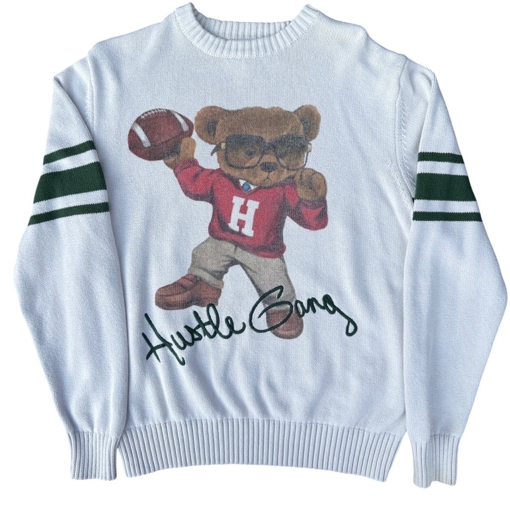 Hustle Gang white football bear graphic‎ sweater LG streetwear cozy knit